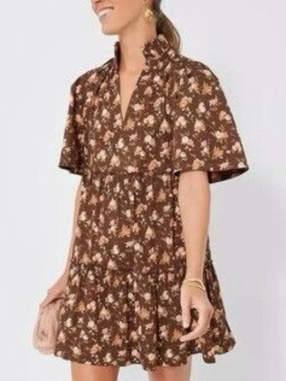 Tuckernuck Brown Floral Ruffle Neck Tiered Mini Dress - XS - Picture 3 of 10